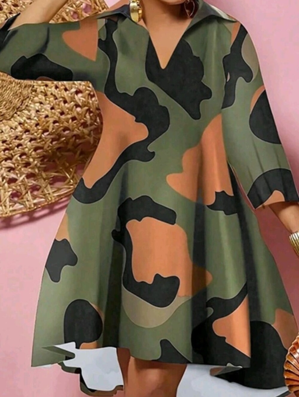 Olive Green Shirt Dress with Bold Rust and Black Print